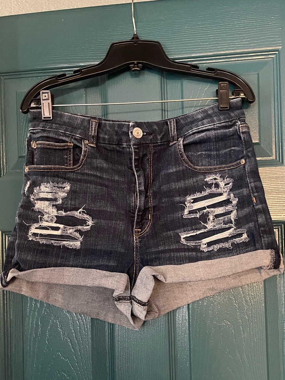American Eagle Outfitters Dark Blue Distressed Roll-Cuff Jean Shorts